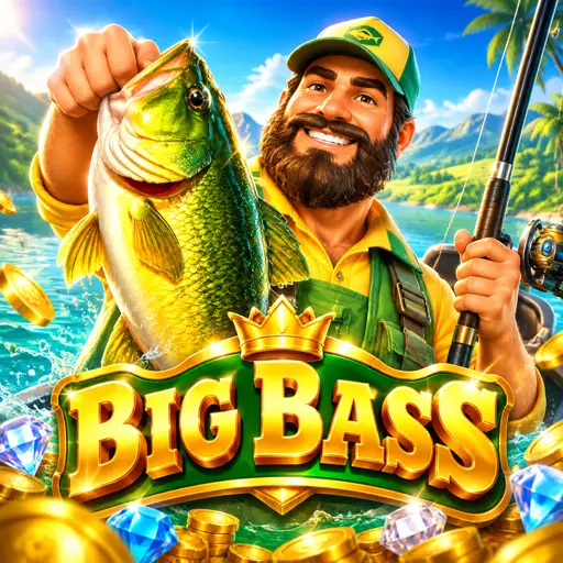 Card do slot Big Bass Splash com pescador e peixe baixo